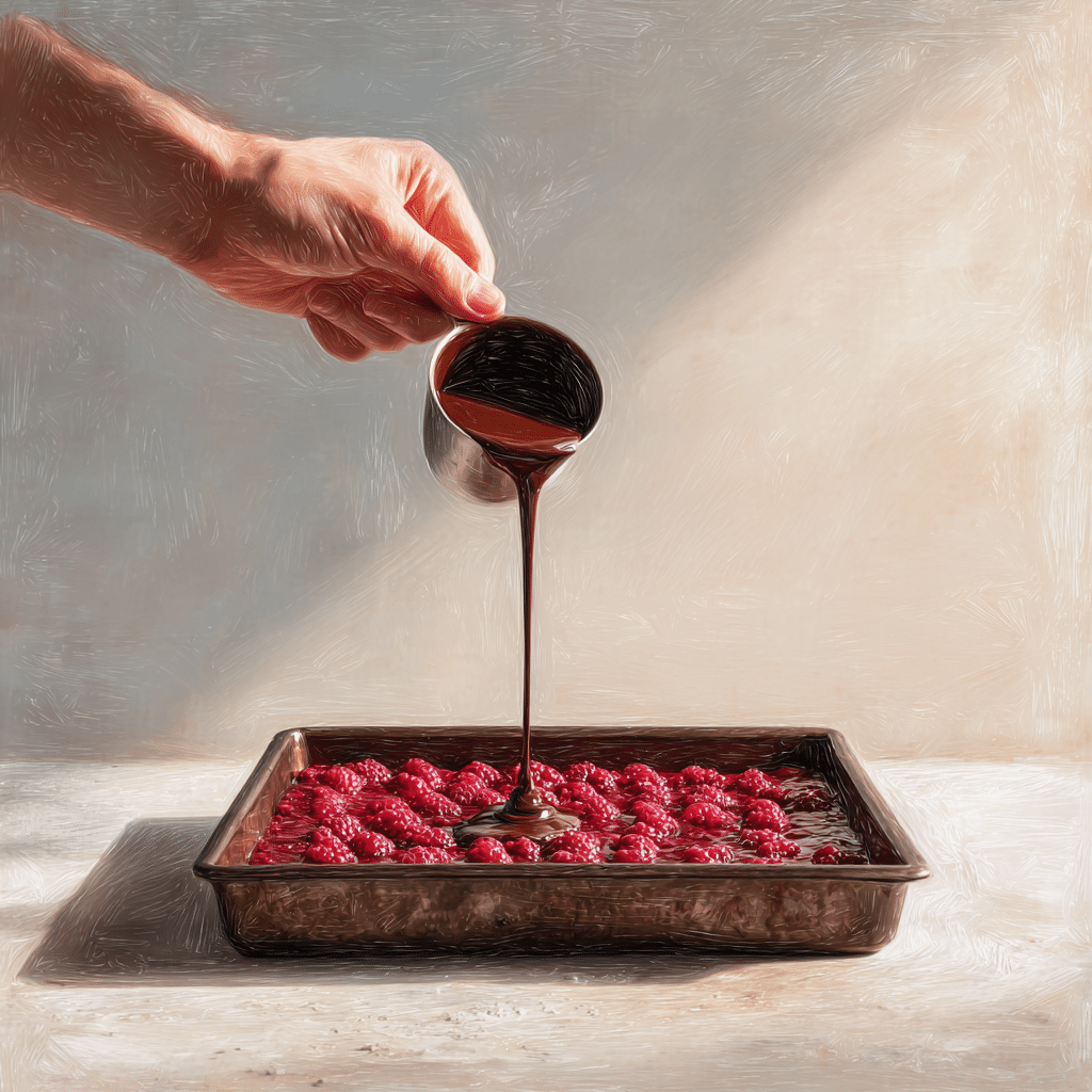Pouring ganache over raspberry layer in baking pan
