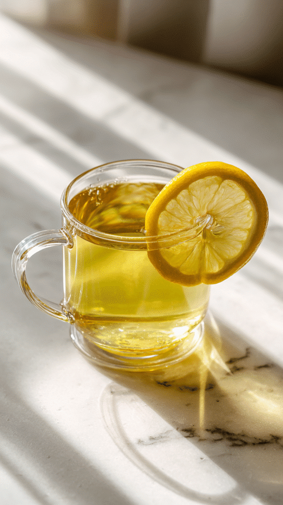 Simplified Japanese Mounjaro drink with lemon, honey, and ginger on white marble counter