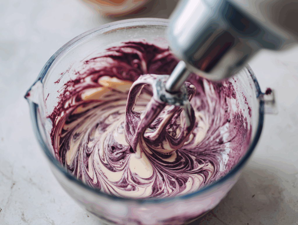 Blending blueberry ganache mixture