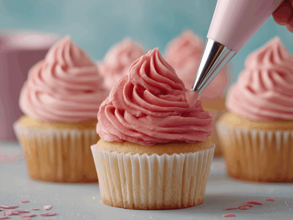 Whipped strawberry ganache on cupcakes