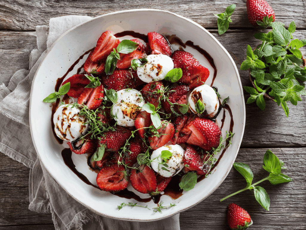 Balsamic Strawberry Caprese on white platter