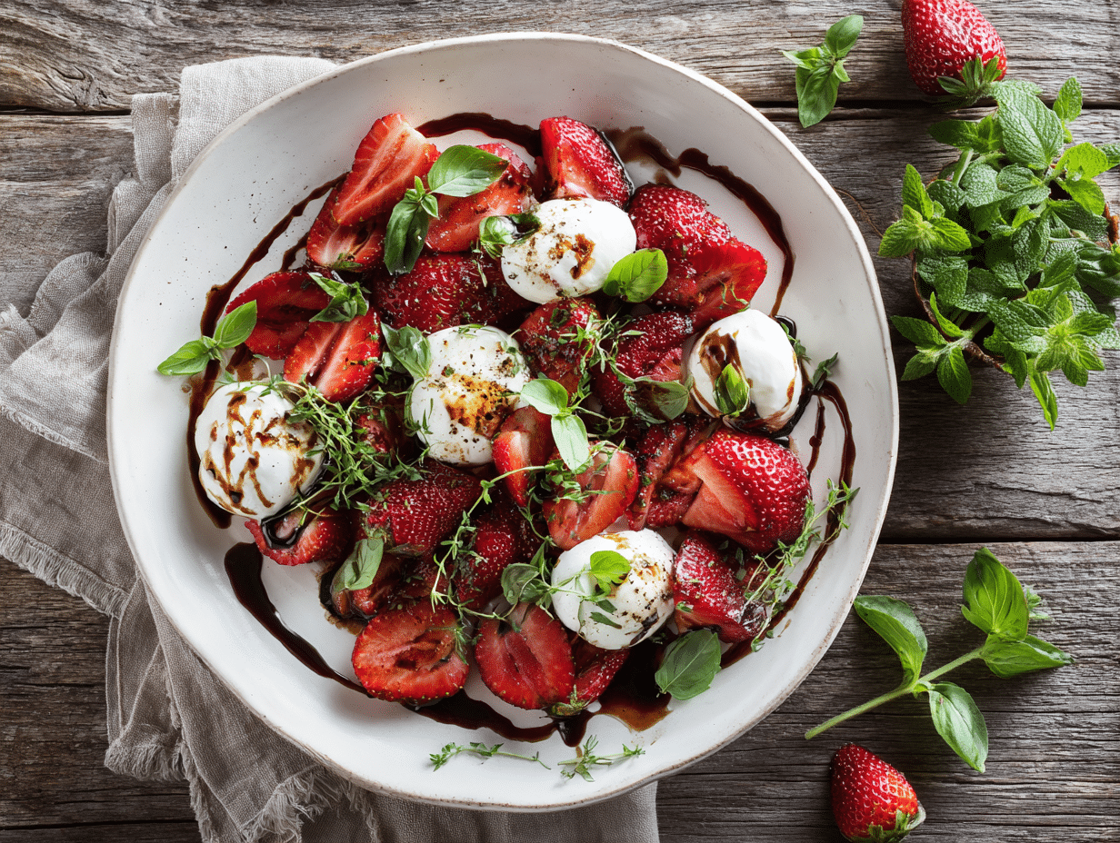 Balsamic Strawberry Caprese on white platter
