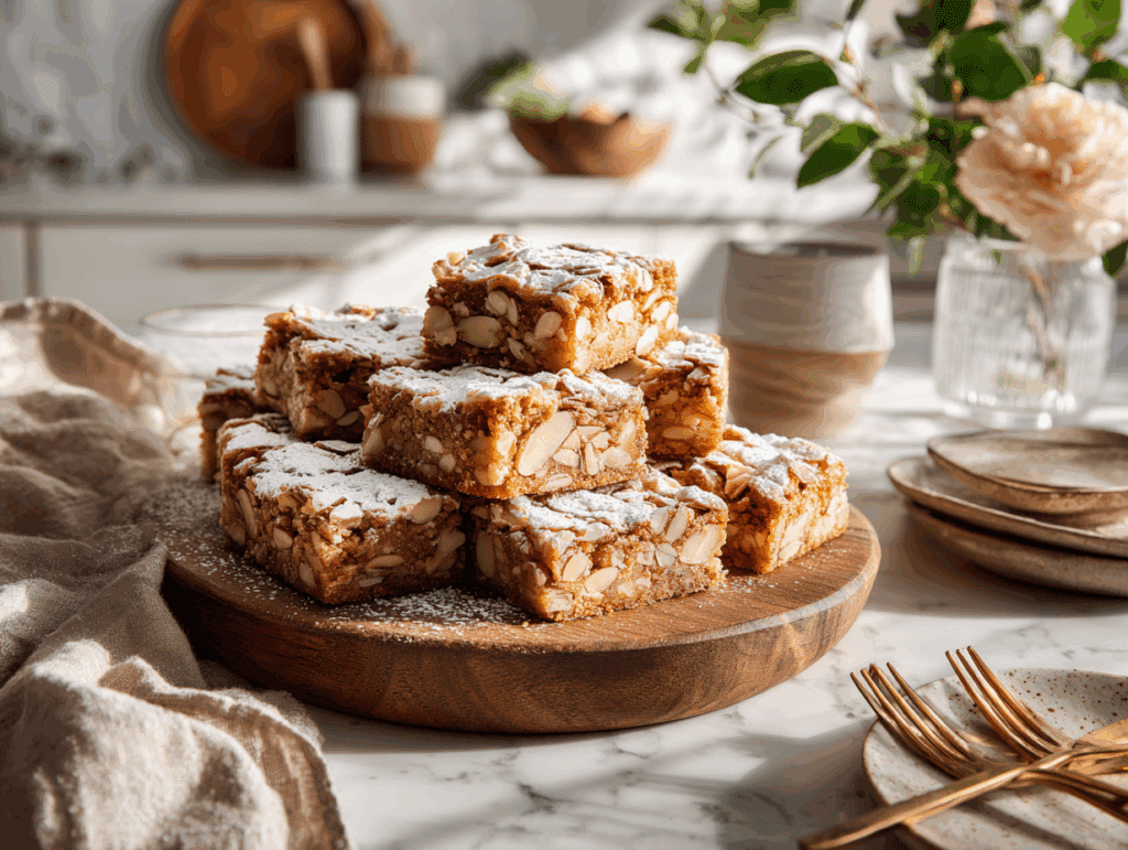 Almond croissant cookie bars with toasted almonds and powdered sugar