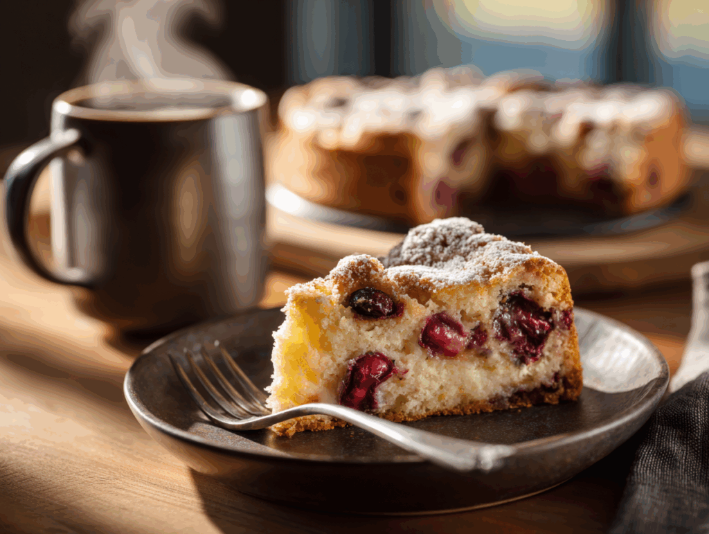 A slice of cherry coffee cake made with cake mix