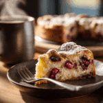 A slice of cherry coffee cake made with cake mix