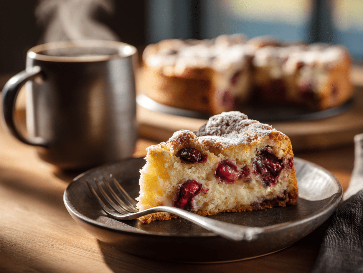 A slice of cherry coffee cake made with cake mix