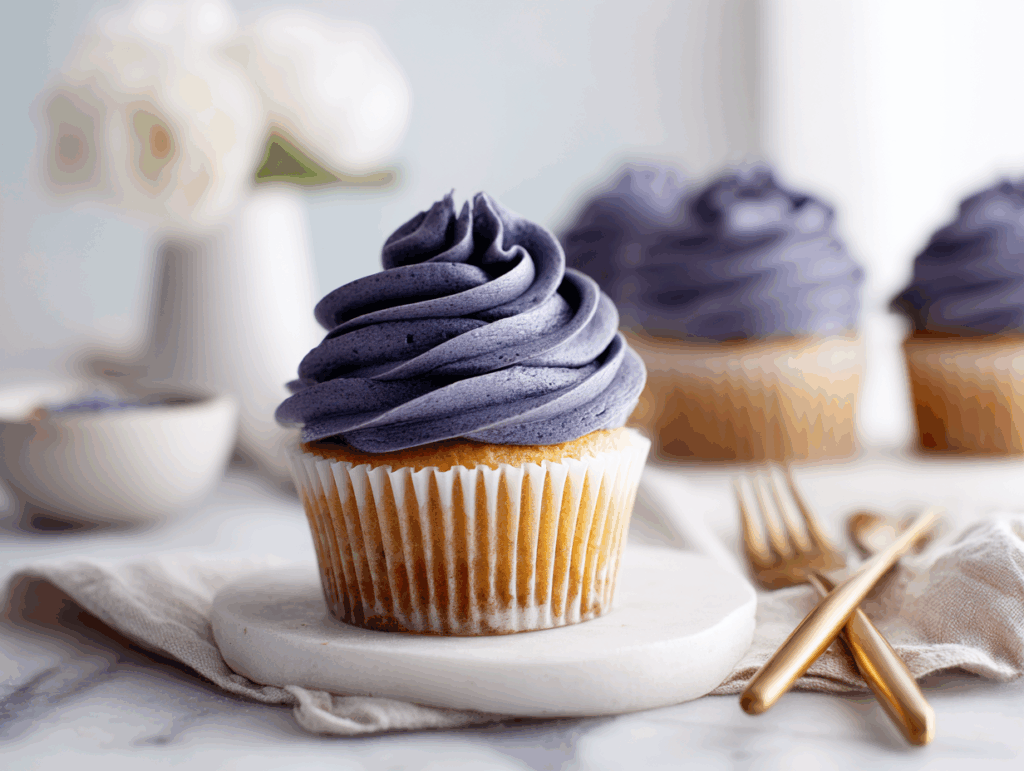 Whipped blueberry ganache on cupcake