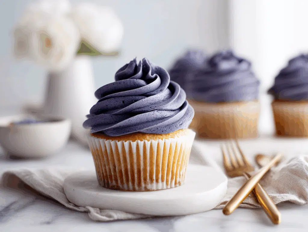 Whipped blueberry ganache on cupcake