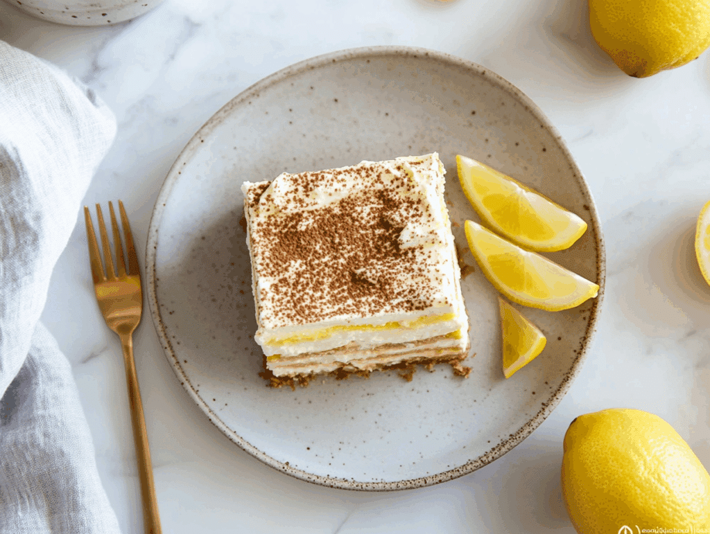 Lemon tiramisu slice on a rustic plate