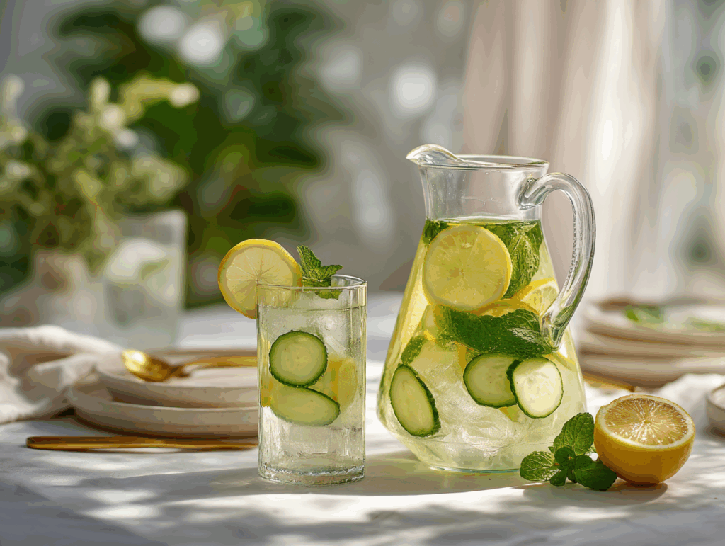 Ice water hack recipe with lemon, cucumber, and mint