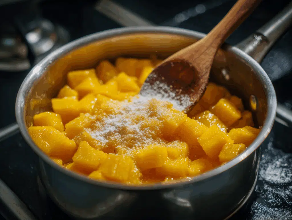 Cooking mango compote in saucepan