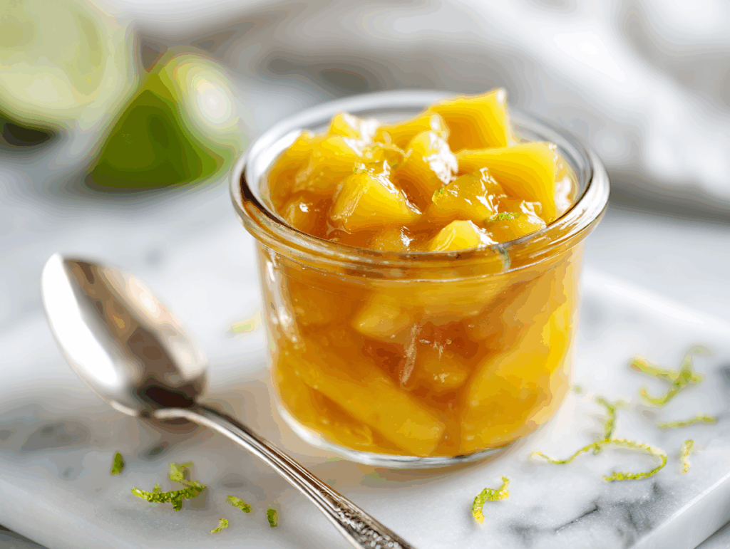 mango compote in jar with fresh mangoes