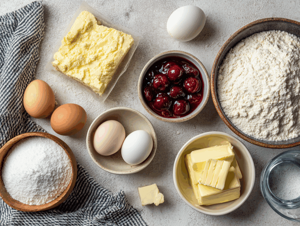 Ingredients for cherry coffee cake made with cake mix