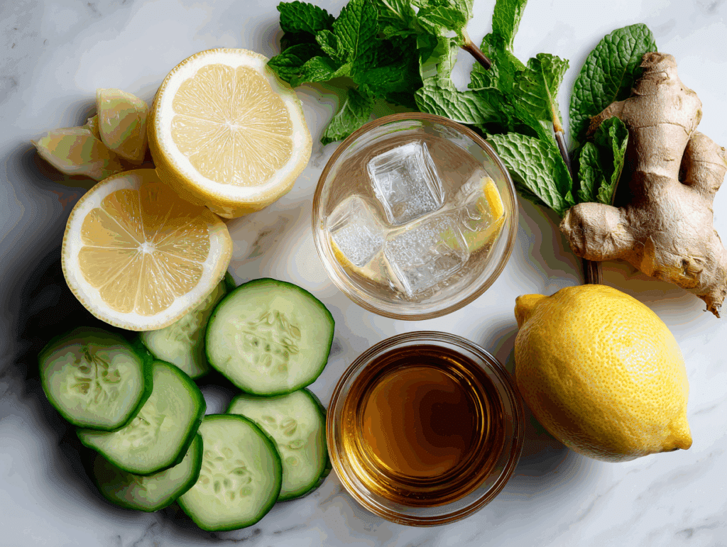 Ice water hack ingredients laid out on marble