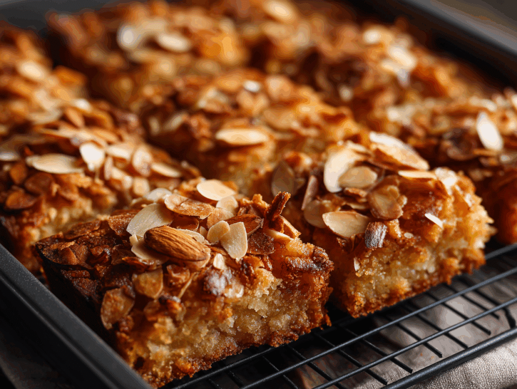 Baked almond croissant cookie bars cooling in parchment-lined pan