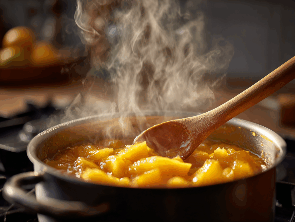 mango compote simmering on stove