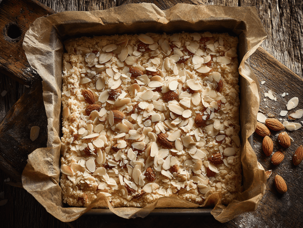 almond cookie bars topped with sliced almonds ready to bake
