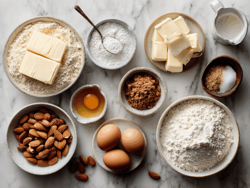 Ingredients for almond croissant cookie bars on marble counter