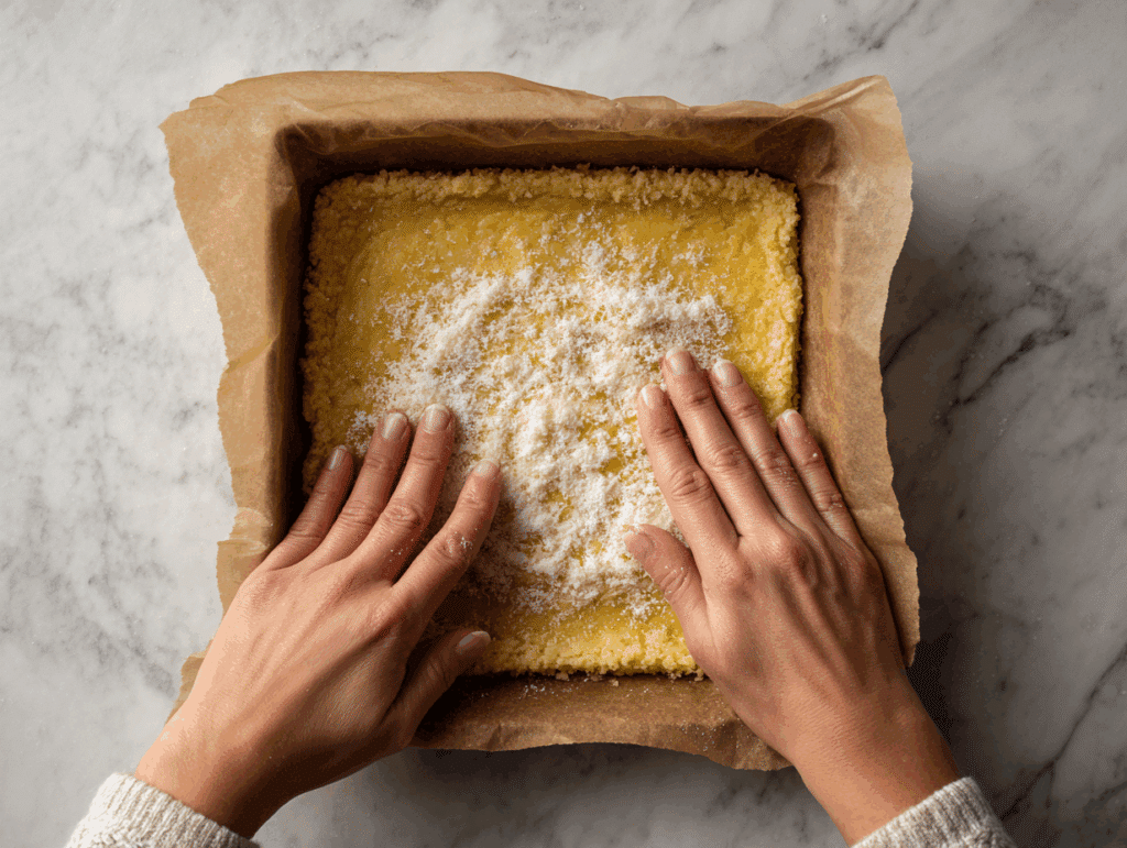 Spreading almond frangipane over cookie crust in baking pan