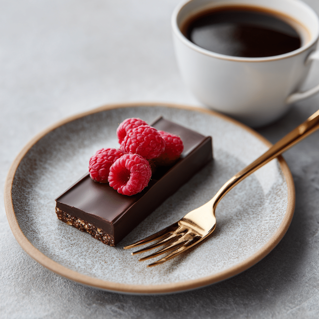 Single dark chocolate raspberry pie bar served on dessert plate