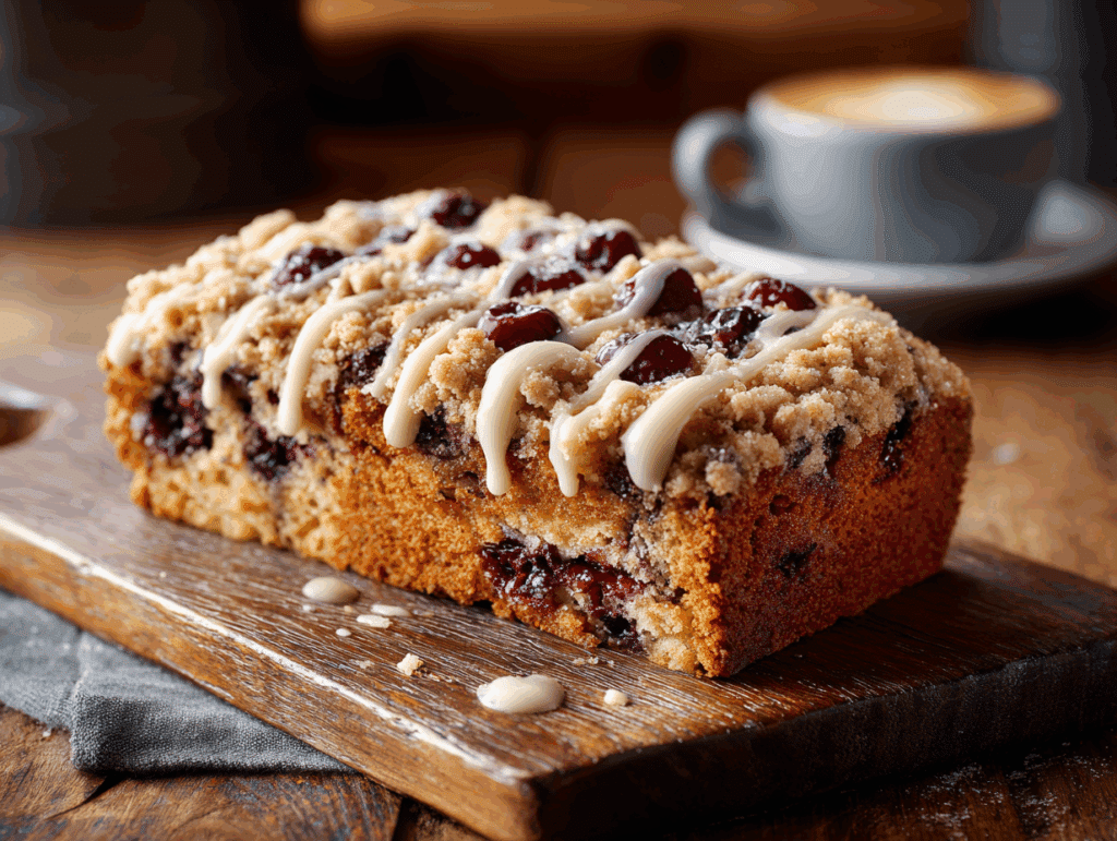 Cherry coffee cake made with cake mix on rustic board