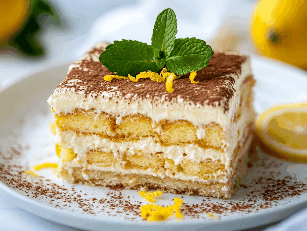 Slice of lemon tiramisu served with zest