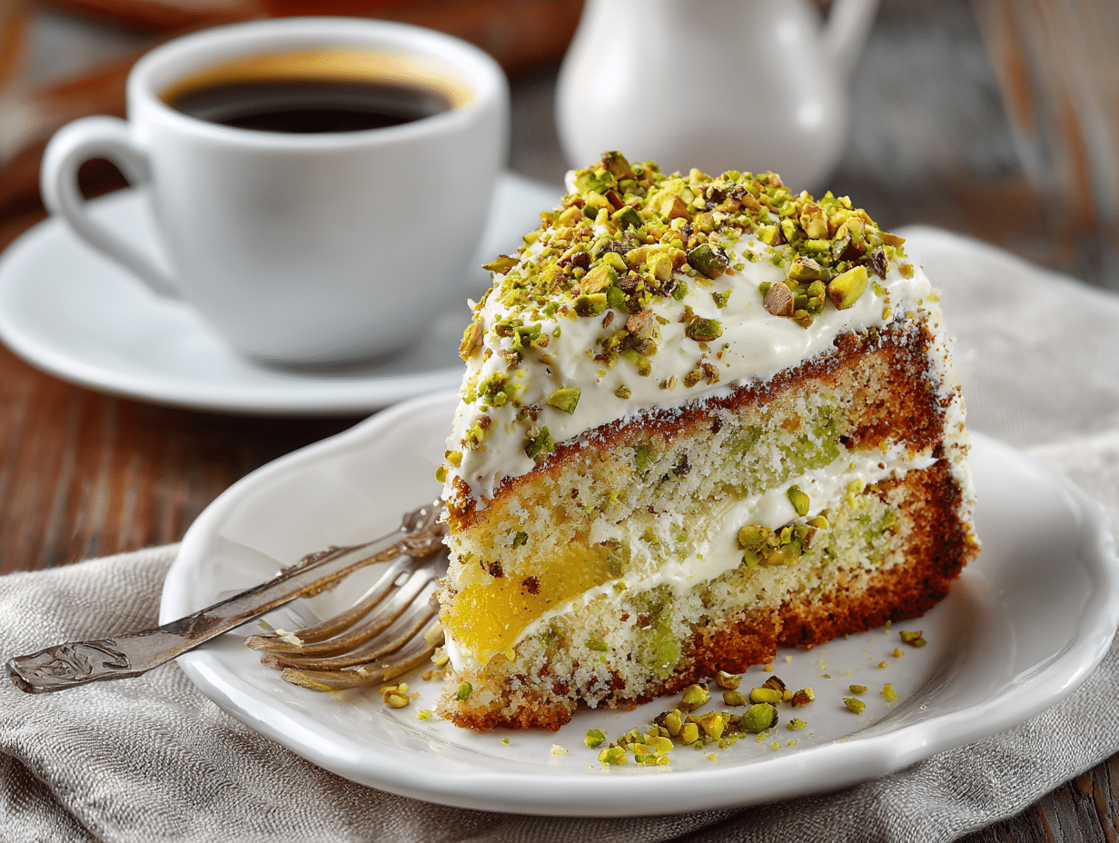 Watergate cake with pineapple and pistachio frosting