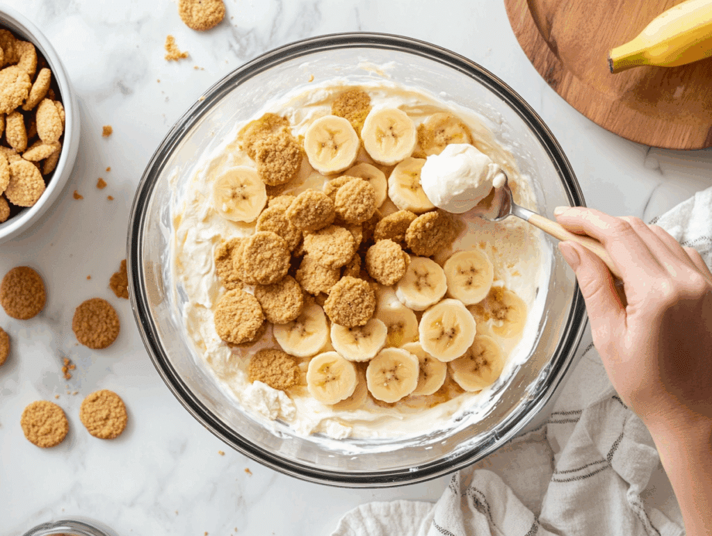 Layering Biscoff Banana Pudding in trifle dish step-by-step