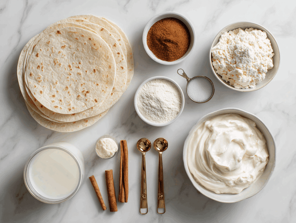 Cinnamon tortilla rolls ingredients flat lay