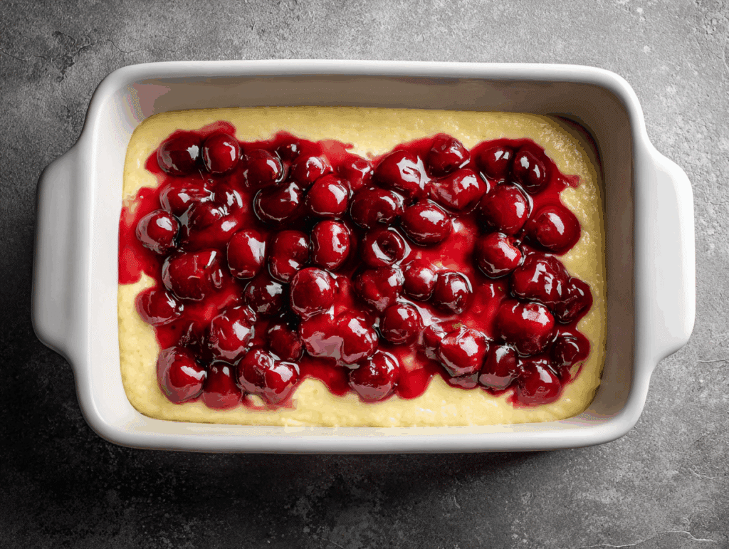 Spreading cherry filling over batter in a baking dish