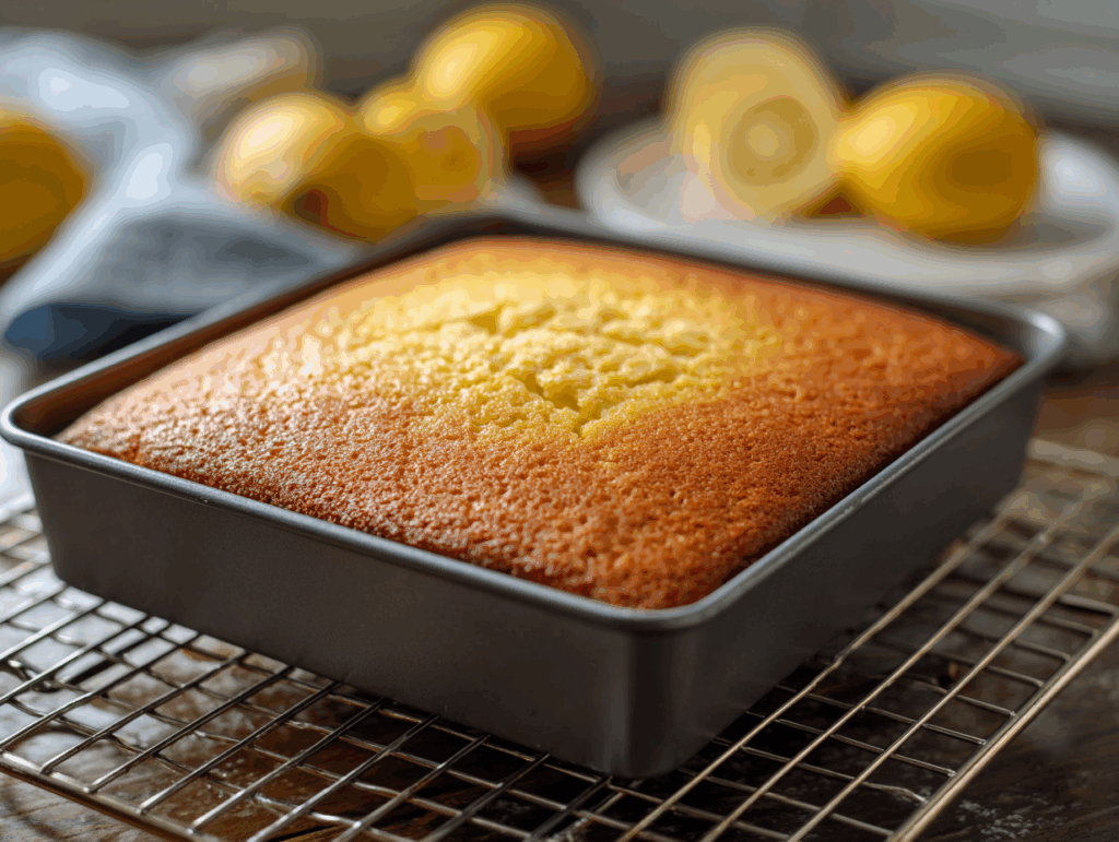 Mixing lemon crazy cake batter in pan