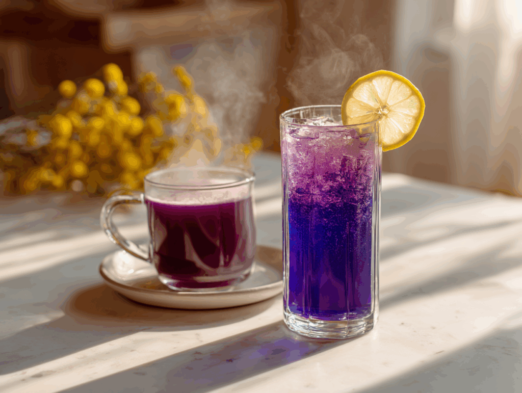 Brazilian Mounjaro Drink in glass with lemon and pea flowers