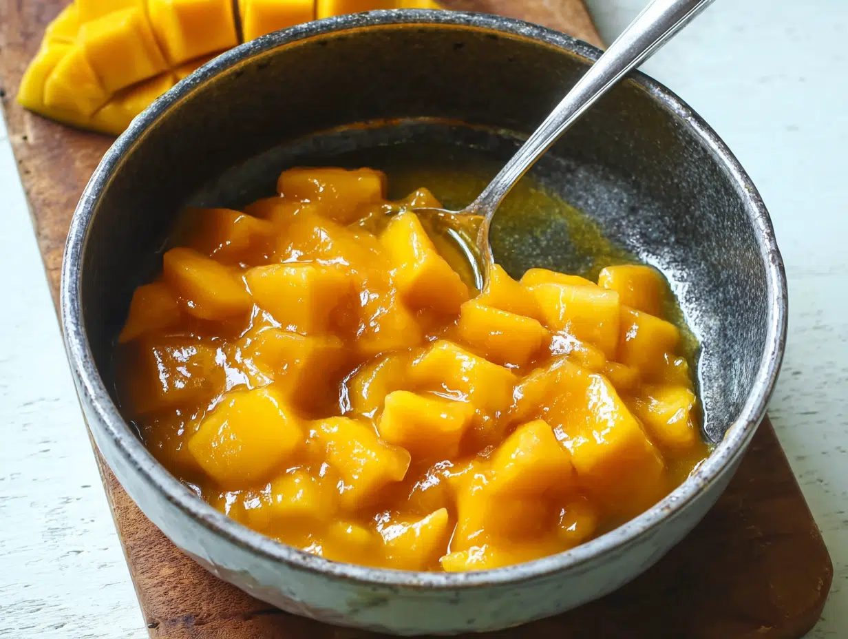 Mango cake filling compote in rustic bowl