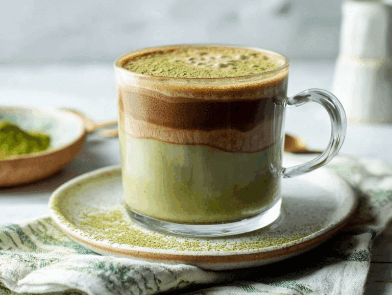 layered matcha chocolate tea in clear mug