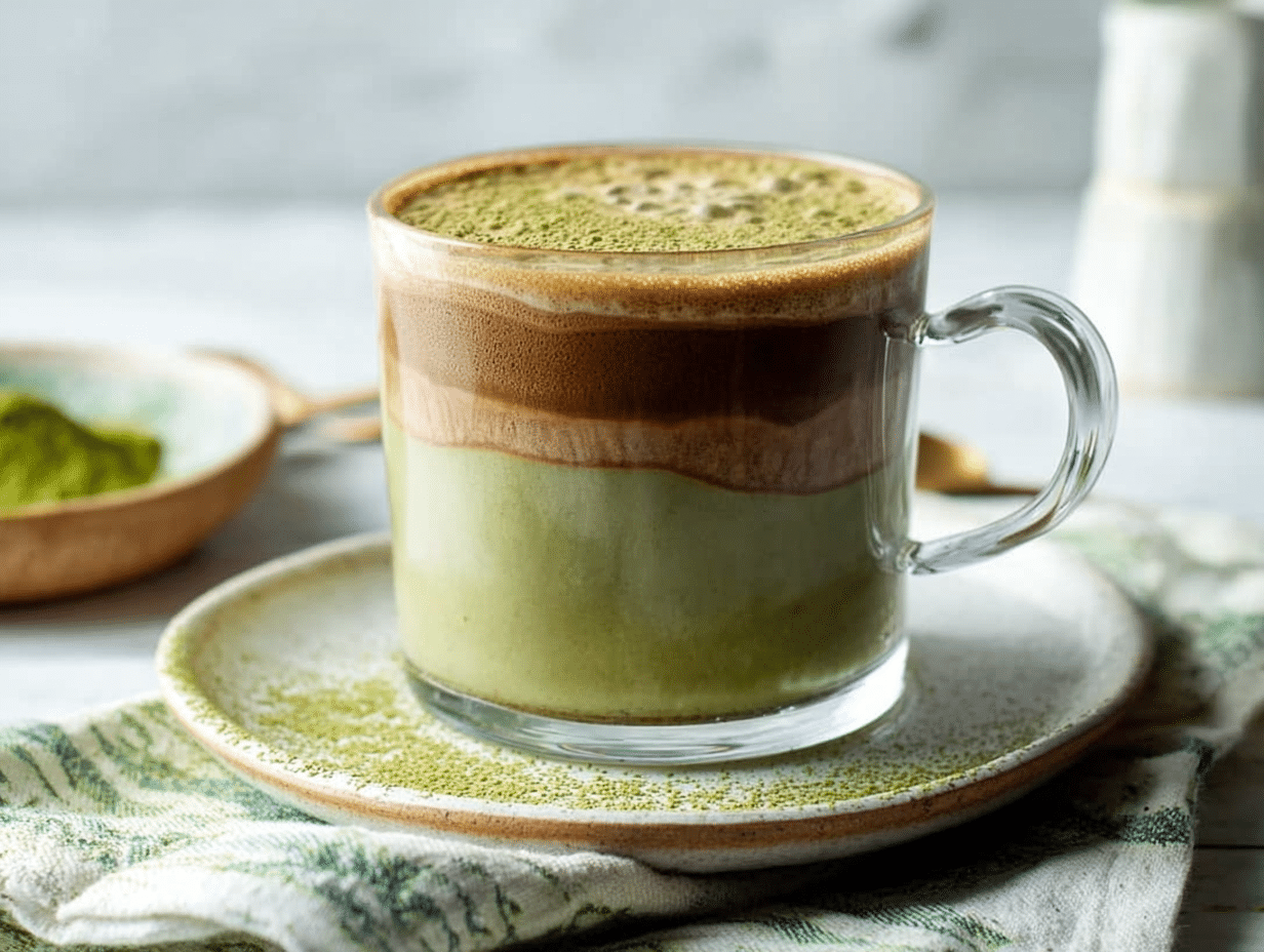 layered matcha chocolate tea in clear mug
