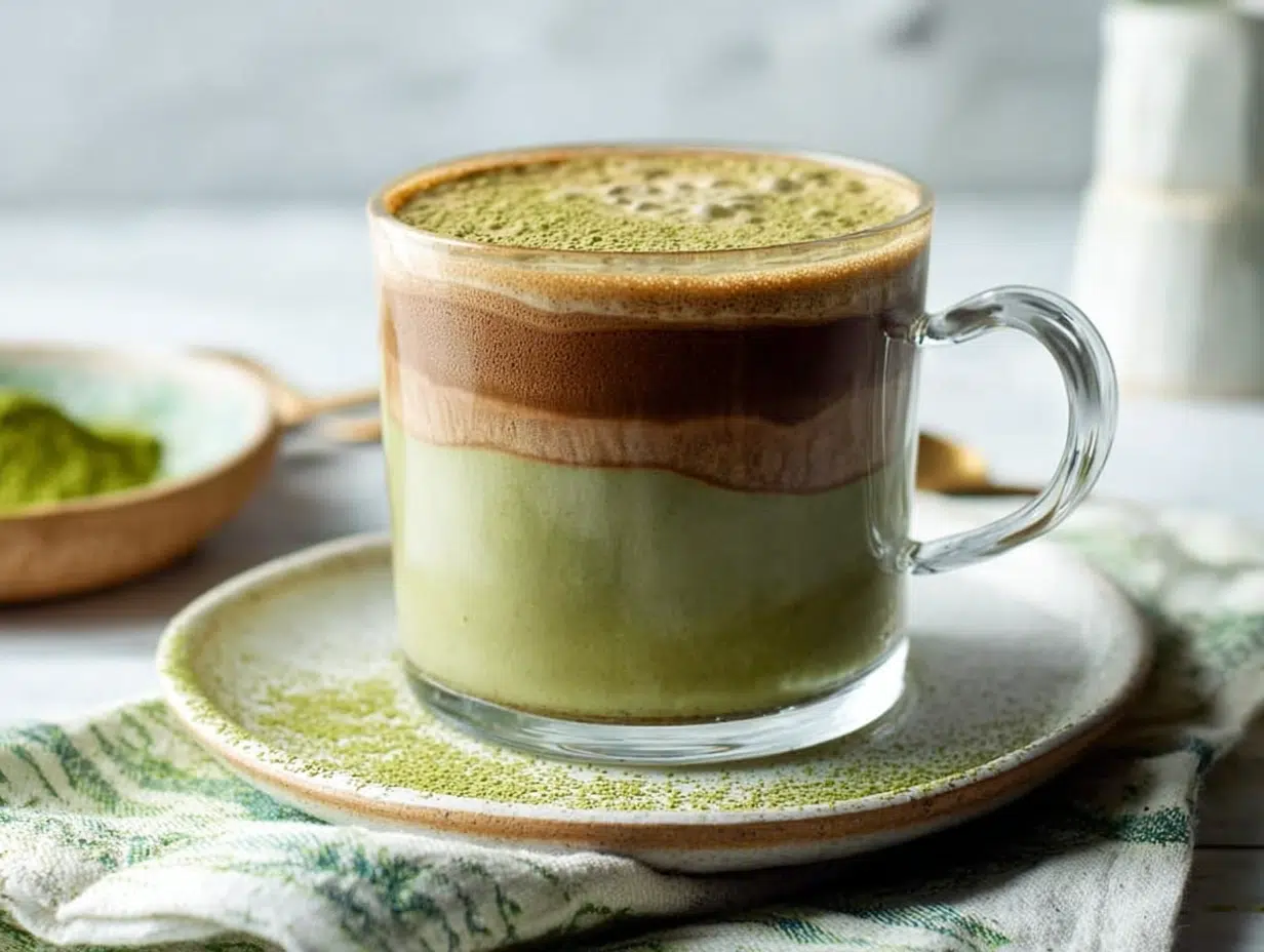 layered matcha chocolate tea in clear mug