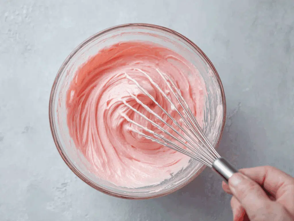 Whisking strawberry ganache