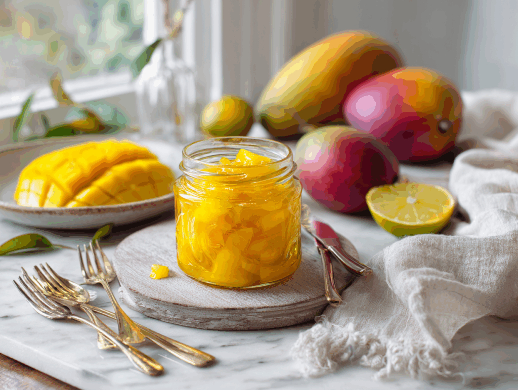 mango compote in jar with fresh mangoes