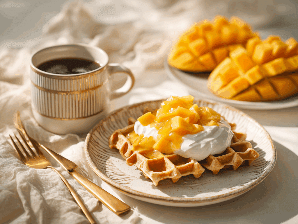 mango compote on waffles with yogurt