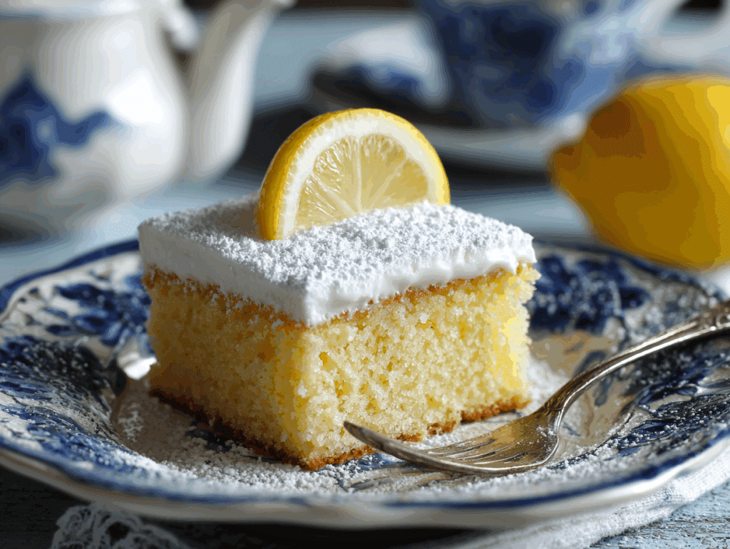 Lemon Crazy Cake slice on plate with lemon garnish