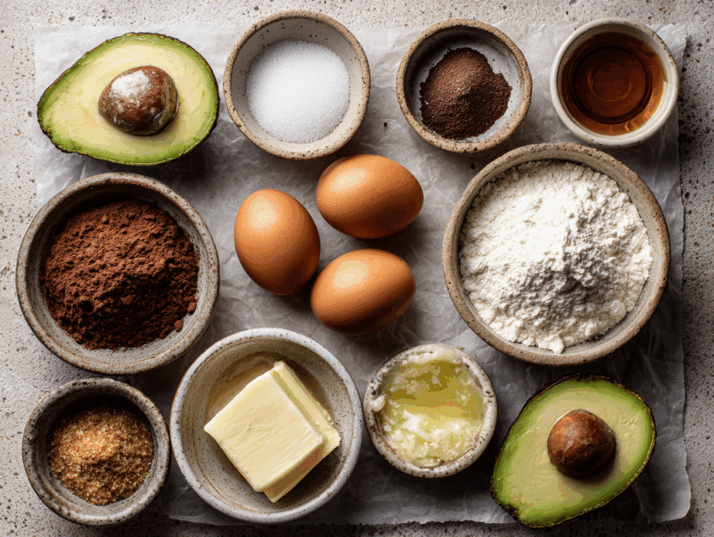 Ingredients for chocolate brownies with avocado laid out	