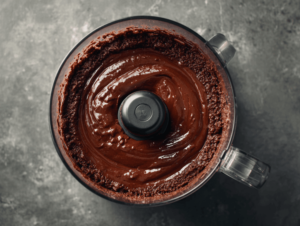 Chocolate brownie batter in food processor