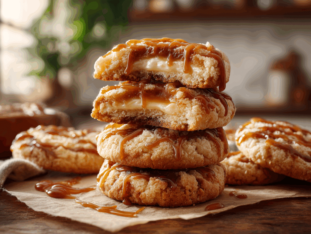 Caramel Cheesecake Cookies with Gooey Centers stacked