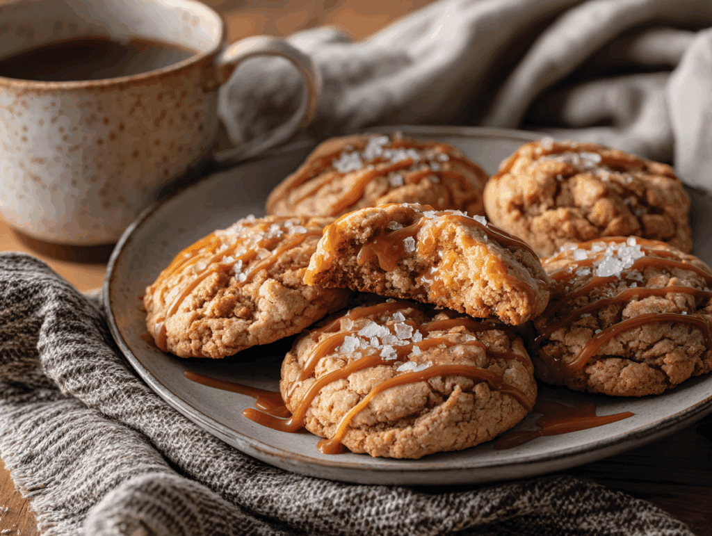 Gooey caramel cheesecake cookies served with drizzle