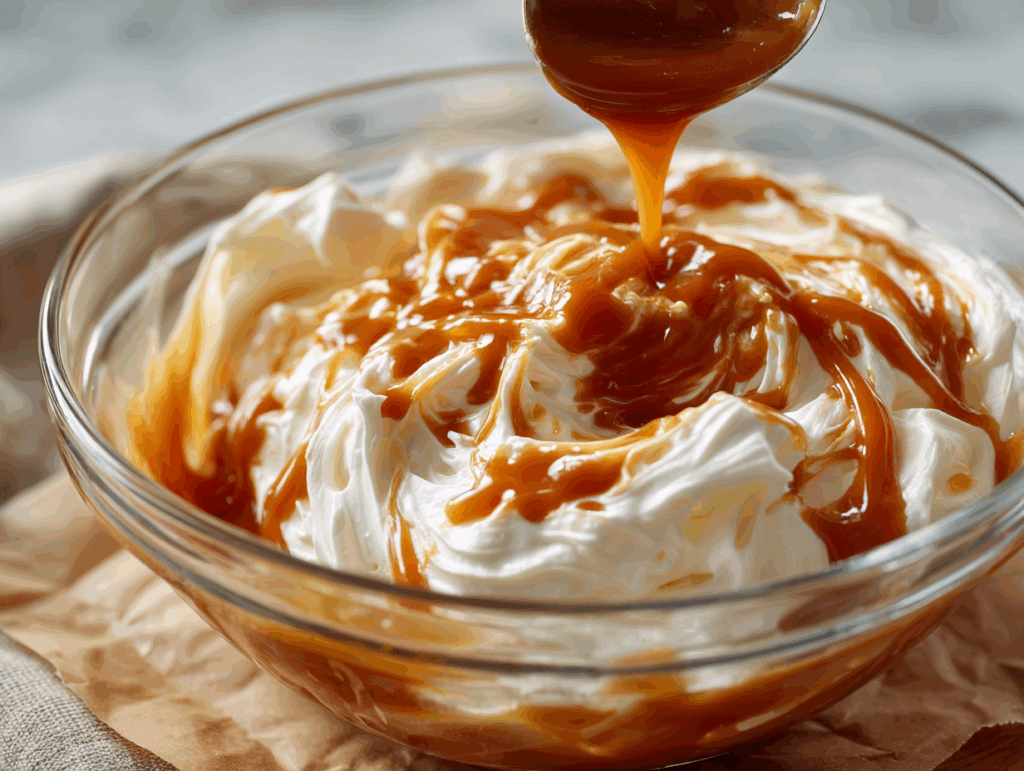 Preparing caramel cheesecake filling for cookies