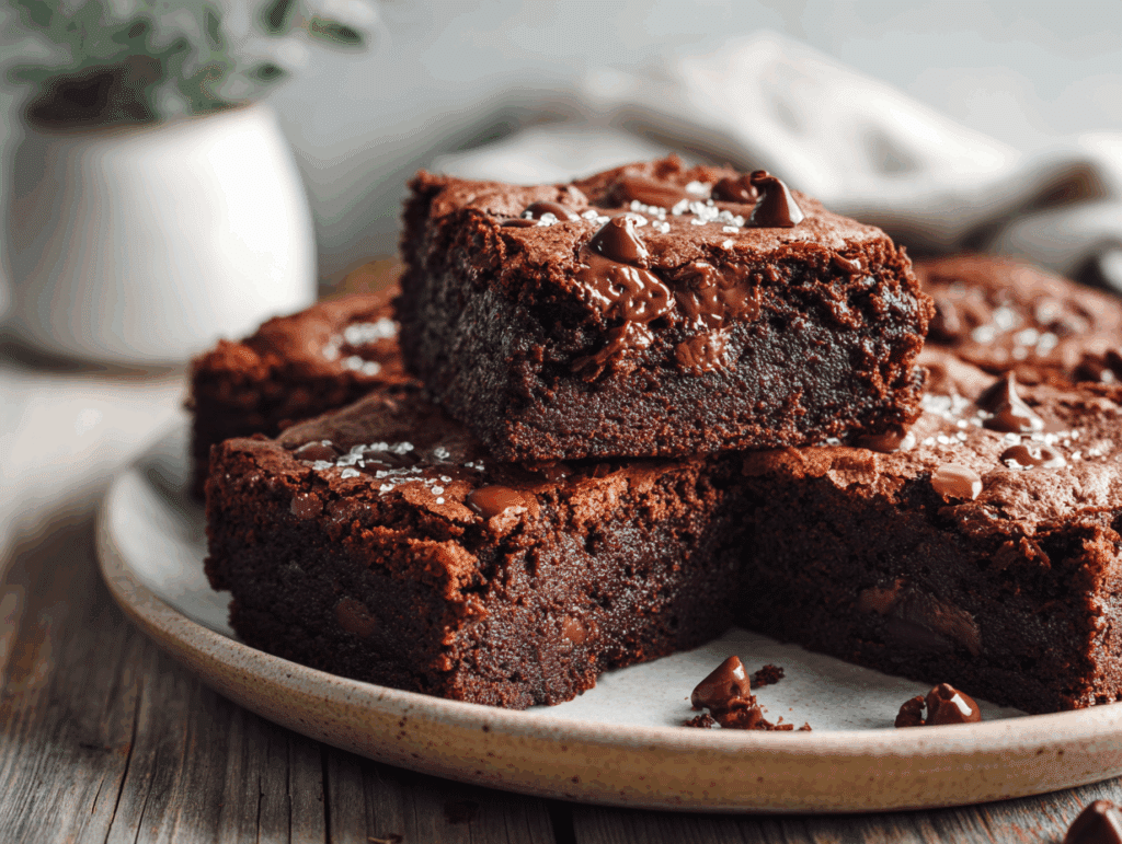 Fudgy chocolate brownies with avocado stacked on a plate