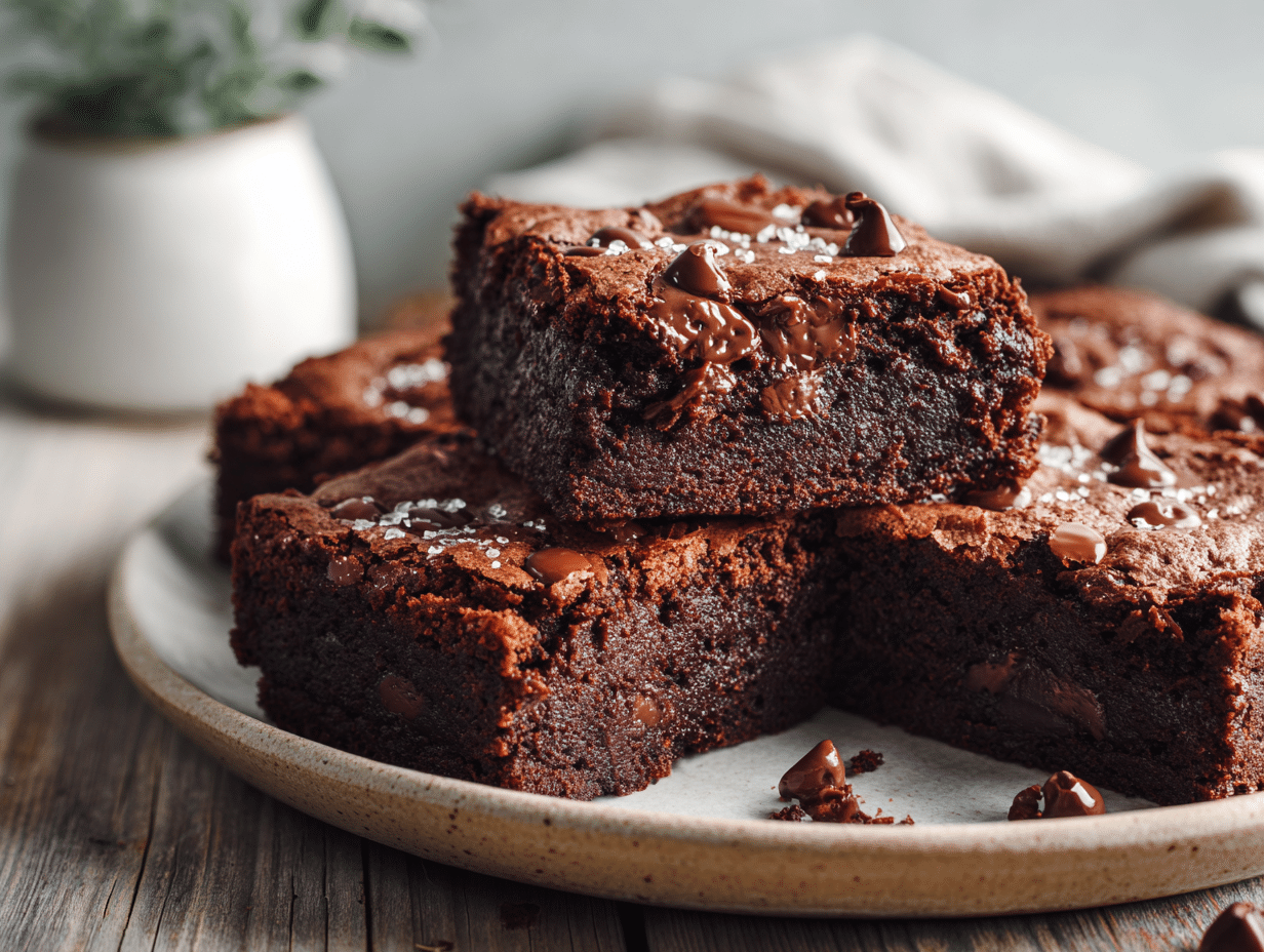 Fudgy chocolate brownies with avocado stacked on a plate