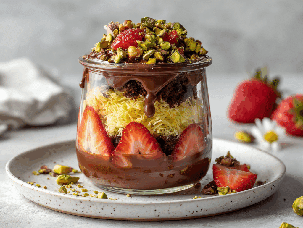 Dubai Chocolate Strawberry Cups dessert in mason jars