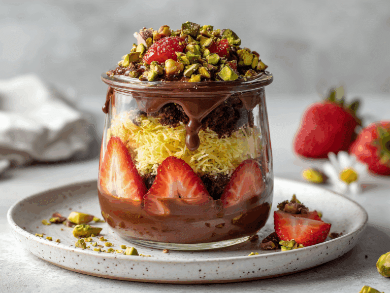 Dubai Chocolate Strawberry Cups dessert in mason jars