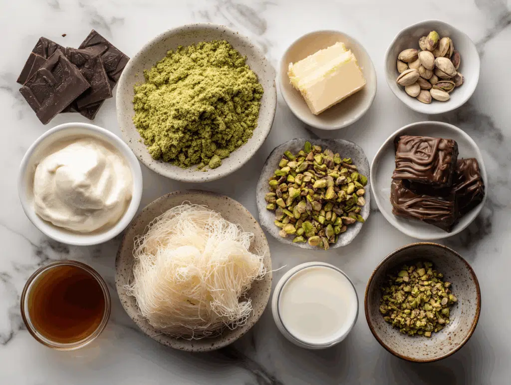 Ingredients for homemade Dubai chocolate pistachio shake